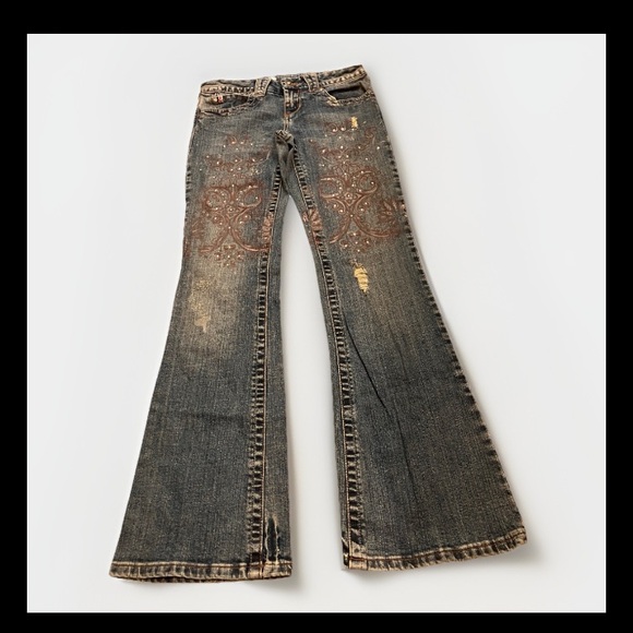 Y2K Candies low Rise Bootcut Flare Jeans Womens 1 Distressed Tribal Rhinestone - Picture 1 of 13